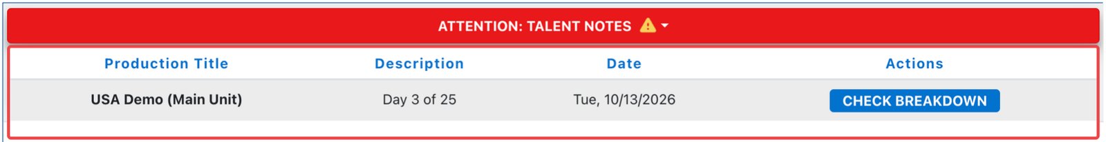 The Talent Notes banner at the top of the shooting days tab